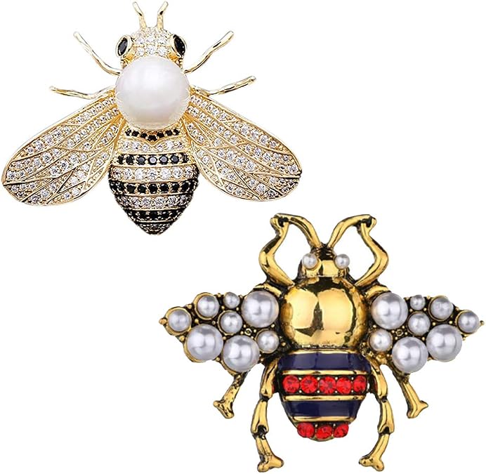 2 Pack Rhinestone Pearl Bee Brooch Pins Honey Bee Pendant/Brooch Fashion Crystal Insect Pins Golden or Silvery for Women