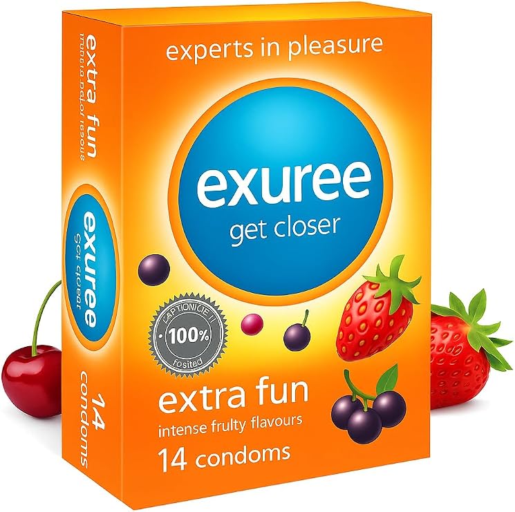 Exuree14Pack Flavoured Condoms Multipack – Strawberry, Cherry & Blackcurrant – Ultra Thin Latex, Lightly Lubricated, Tested for Safe Oral & Protected Sex – Designed for His & Her Pleasure