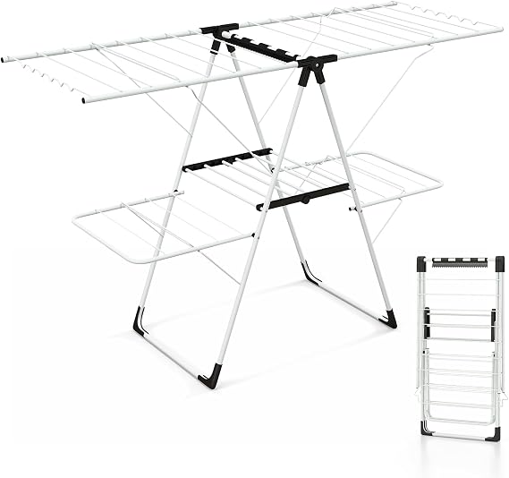 COSTWAY Foldable Clothes Drying Rack, 2-Level Clothes Airer Dryer Horse with Height-Adjustable Wings, 33 Rails & Sock Clips, Stainless Steel Freestanding Laundry Rack for Indoor Outdoor (White)
