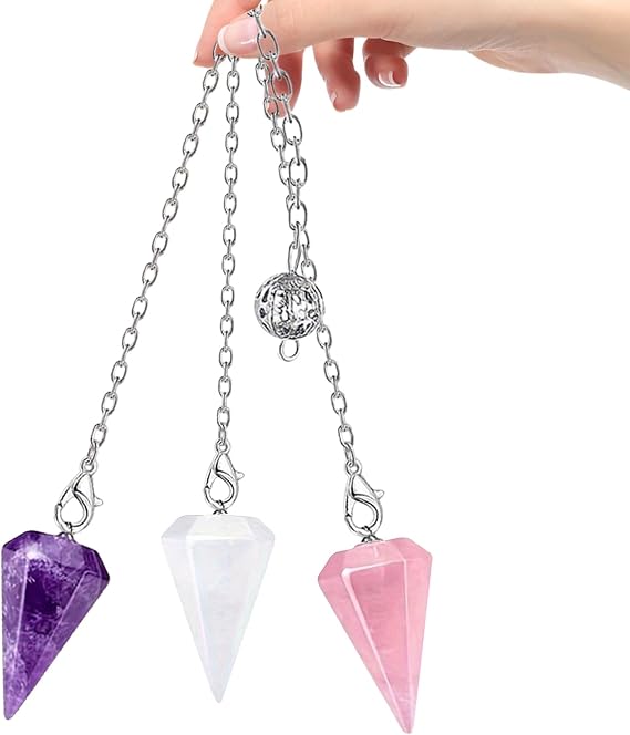 3 Pcs Pendulum Crystal, Natural Amethyst Pendulum | Chain size about 20cm/7.87inch, Pendulum 25mm x 16mm, Amethyst Rose Clear Quartz Crystal Pendulum for Healing Dowsing