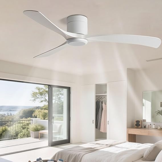 Flush Mount 38in Ceiling Fan No Light Modern Quiet White Ceiling Fans with Remote Control 6 Speeds Low Profile Ceiling Fan Without Light 3 Blades for Bedroom Living Room Restaurant Indoor [Energy Class A]