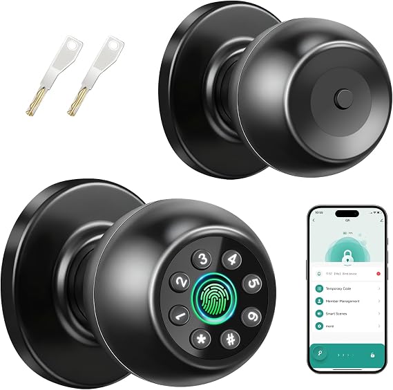 Smart Door Knob with Fingerprint, 5-in-1 Keyless Entry Door Lock with Keypad & App Control, Biometric Smart Lock with Backup Keys for Bedroom, Office Front Door (Black)