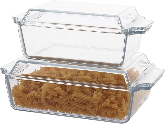 WOPPLXY 2 PCS Rectangle Casserole Dishes with Lid, 1L & 1.5L Transparent Individual Lasagne Dishes, Glass Casserole Dishes Oven Proof, Cookware