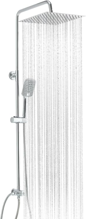 OFFO Shower Riser Rail Kit, Rainfall Shower Kit with 10"(25cm) Square Rain Shower Head, Handheld and 1.6m Hose Set for Bathroom, No Mixer, Chrome