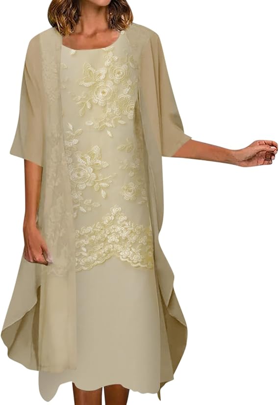 FUPODD Abendkleider Elegant Für Hochzeit Chiffonkleid Damen Festlich Midi Zweiteiler Spitzenkleid Lochstickerei Kleid Frauen Bestickt Kleider Hochzeitsgast Abendkleid Chiffon Cardigan Cocktailkleid