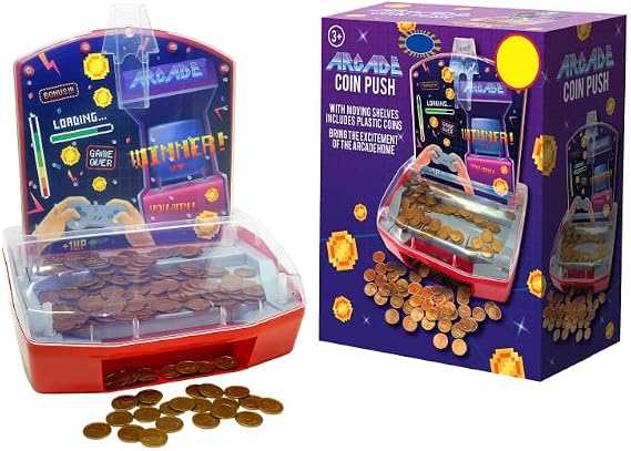 Arcade Coin Push Machine - Pop Coins Into The Top of The Machine and Try to Push The Bottoms One Out onto The Ledge for You to Collect.
