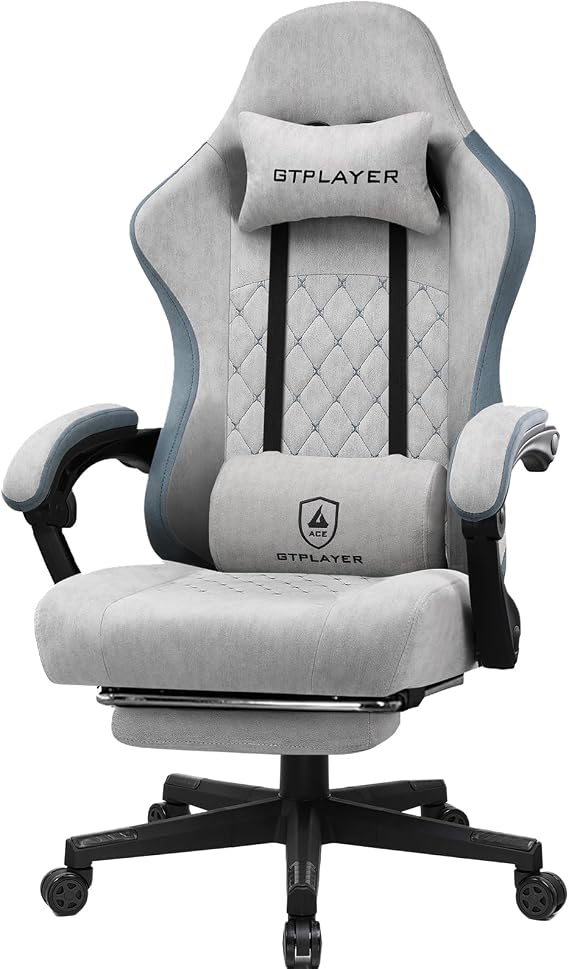 GTPLAYER Fabric Gaming Chair with Footrest, Ergonomic Computer Desk Chair with Pocket Spring Cushion Home Office High Back Support Lumbar Support Heavy Duty Wide, Grey