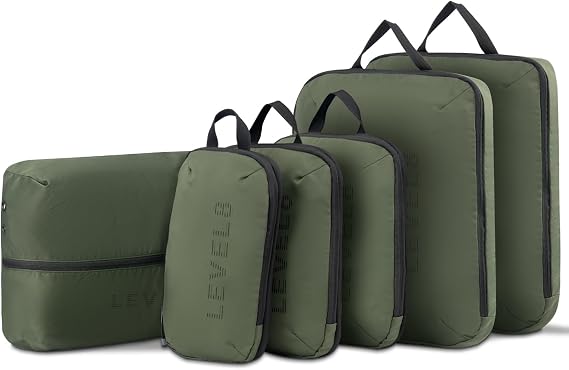 LEVEL8 Packing Cubes 6pcs Travel Organiser Luggage Set for Suitcase, for Home Storage,Travel Accessories in 4 Sizes Toiletry Bag, Shoe Bag, Laundry Bag Green