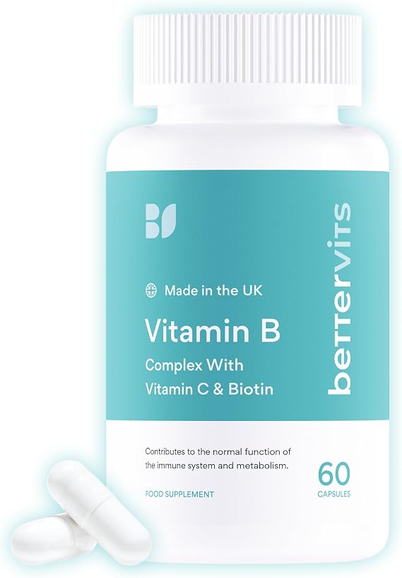 Bettervits Vitamin B-Complex High Strength - Vitamins B1, B2, B3, B5, B6, B12 | Immune Support with Choline, Biotin, Folate, Vitamin C - Daily Energy and Metabolism for Men and Women - 60 Capsules