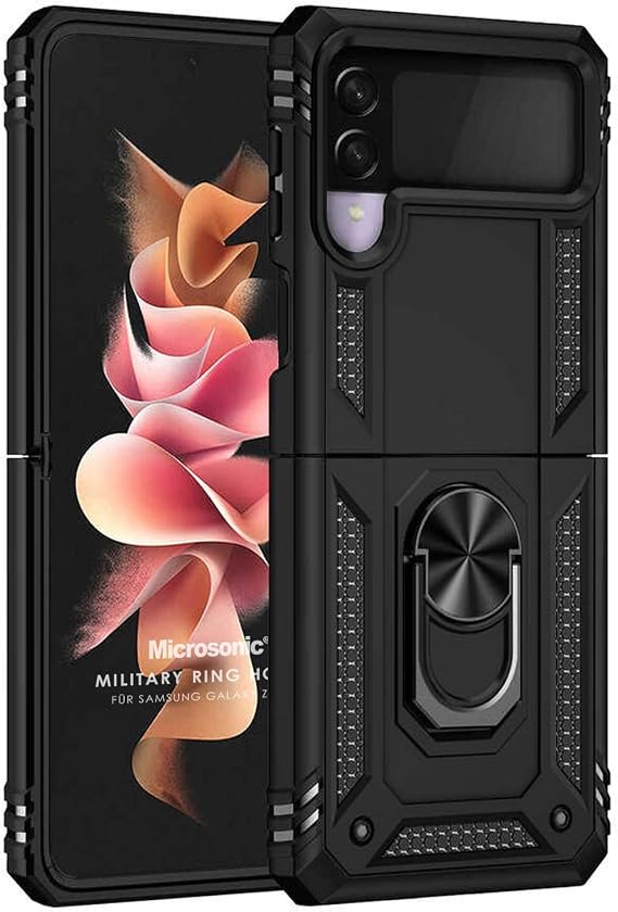 Microsonic Samsung Galaxy Z Flip 3 için Kılıf Military Ring Holder Siyah [Galaxy Z Flip 3 ile Uyumlu Kılıf - Siyah]