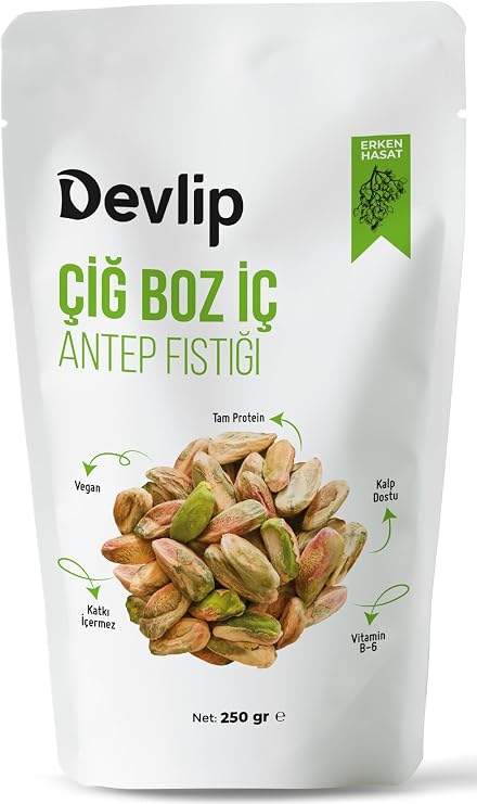 Devlip Erken Hasat (Boz) Çiğ İç Antep Fıstığı, 250 GR, Kilitli (Aç-Kapa) Ambalaj, Vegan