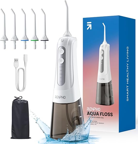 RENPHO Akülü Diş Duşu, 300ML Taşınabilir Suya Dayanıklı USB Şarj Edilebilir Dental Oral Irrigator, DIY ile 4 Mod, 5 Jet Uç, Su Diş Seçtikleri Ev Seyahati için Diş Temizleyici