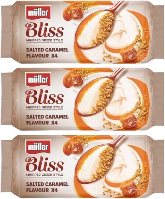 Salted Caramel Mullers Bliss, Lemon Meringue, Strawberries & Cream Greek Style Yogurt (Salted Caramel 3 Packs of 4x100g)