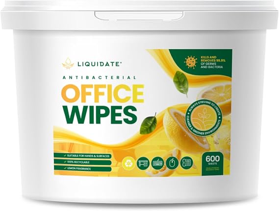 Office Wipes - 600 Heavy-Duty Lemon Scented Antibacterial Recyclable Wipes - Eliminates 99.9% of Germs - Perfect for Offices, Desks, Work Surfaces & Homes - Refillable Bucket