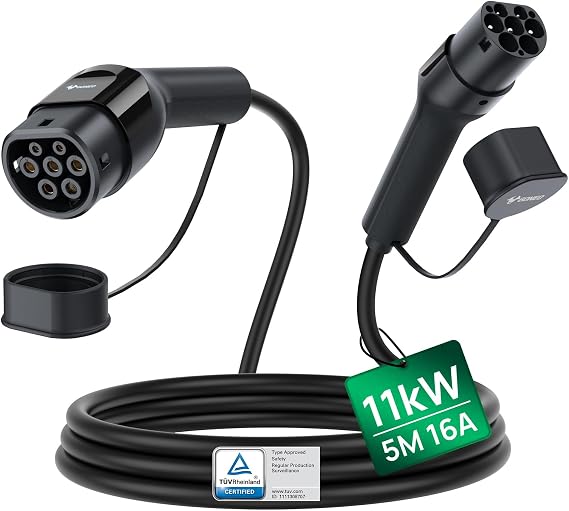 GONEO Type 2 Charging Cable 11kW 5m 16A Type 2 3 Phase for E Car EV/PHEV Type 2 to Type 2 Mennekes Mode 3 Charging Cable with Bag Suitable for Model S/3/X/Y e-Golf ID.3