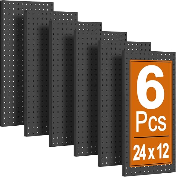 PBHEPJ 6 Pcs Metal Pegboard Panels (24" x 12"), Heavy Duty Peg Boards for Garage and Garden Tool Storage, Includes 24 Drywall Anchors and Screws Kits, Black
