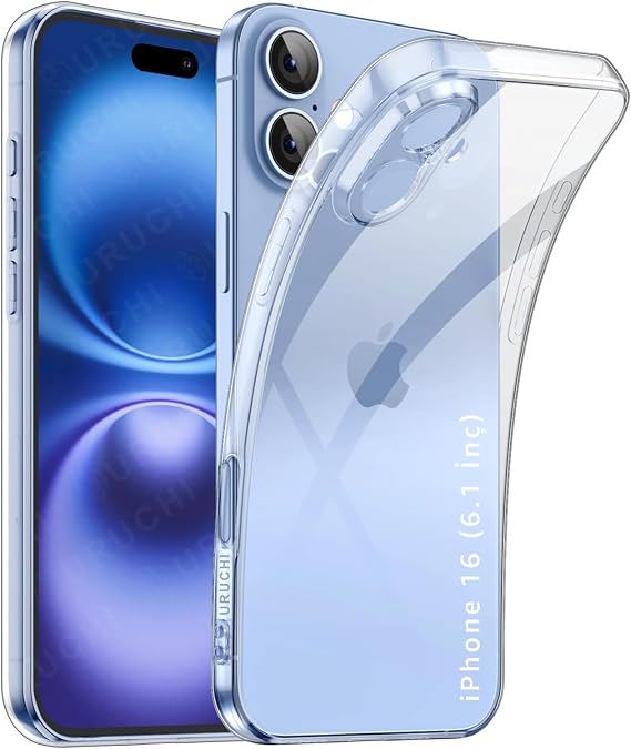 URUCHI Crystal Şeffaf Kılıf iPhone 16 için, [Sararma Önleyici] [Kamera Koruma] [Askeri Sınıf Düşme Testi] Şeffaf Şok Geçirmez Koruyucu Yumuşak Silikon İnce Kapak