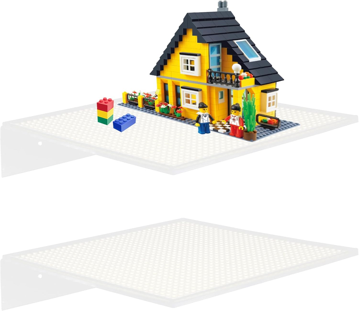 2-Pack Display Shelves for Building Bricks, Wall Mount Floating Shelf Acrylic cabinet Display Case Compatible with Lego Collectibles & All Toy Block Brands, 32x32 Stud Base Plate, White(Shelf Only)