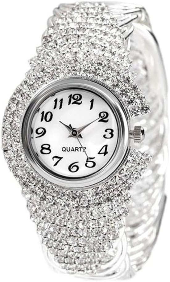 Women Girls Elegant Crystal Bangle Bracelet Round Dial Analog Quartz Wristwatch, Silver