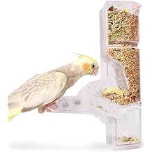 No Mess Bird Feeder, Automatic Parrot Feeder for Cage with Bottom Drawer, 300ml/10oz Clear Acrylic, Spring Lock & Perch for Cockatiels, Parakeets, Lovebirds, Budgies, Canaries, Conures and Parrots