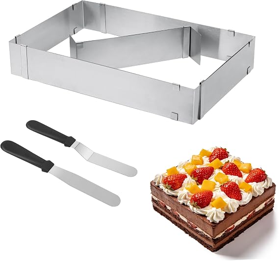 Rectangular Cake Mould Adjustable Cake Frame Stainless Steel Baking Mould with Two Stainless Steel Spatulas for DIY Mousse Cakes Desserts and Pizzas (5cm Height)