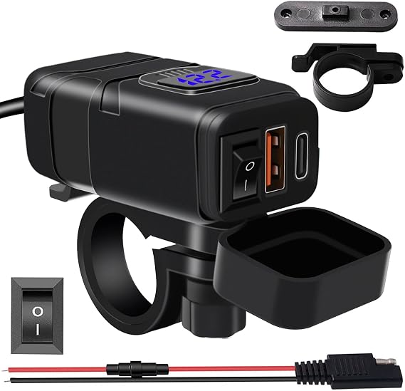 BlueFire Motorcycle USB Power Supply, Waterproof Socket, 2 x QC3.0 Rapid Charging Ports, Voltmeter, Independent Power On/Off Switch, Overvoltage Protection, USB Charger, QC3.0 Power Adapter, DC 12 V, GPS, Tablet, Smartphone, Android/IOS Compatible 033 Type AC