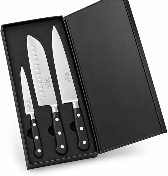 Professional Kitchen Knife Set 3 Pieces + Gift Case | Chef 20 cm, Santoku 18 cm and Universal 13 cm | High Precision Stainless Steel | Ergonomic Handle | Dishwasher Safe