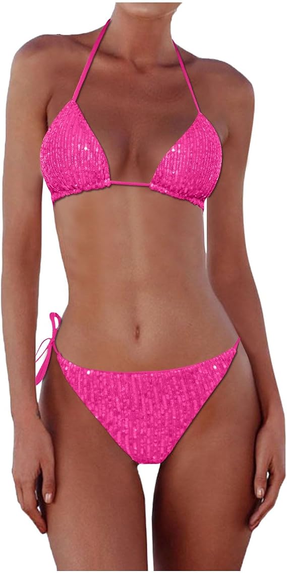 Women's Sequin Halter Bikini Sets Fashion 2 Piece Bathing Suit Micro Triangle Glitter Sparkly Bikini Swimsuit Low Waist String Thong Swimwear Swimsuit S-L