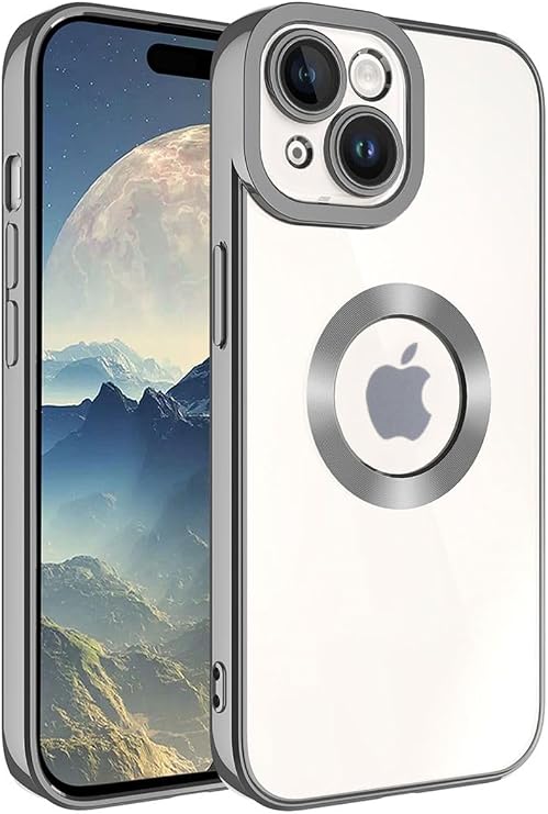 KZY İletişim iPhone 15 Uyumlu ile uyumlu Kapak ile uyumlu Yanları Renkli Lens Korumalı Logo Gösteren Luxury Silikon Kılıf - Koyu Gri