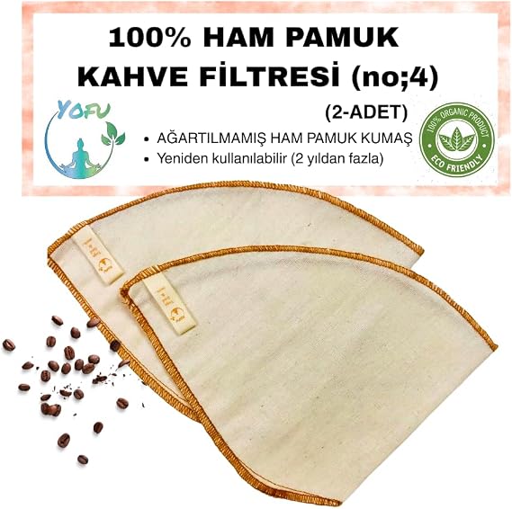 (2 pieces) Washable, Fabric Coffee Filter (no:4) Unbleached 100% Raw Cotton, Organic, Ecological Filter no:4 (no4.2)