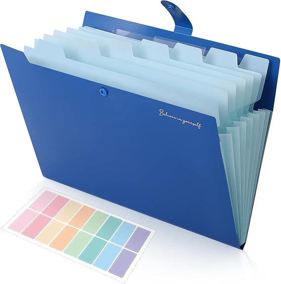 SKYDUE A4 Document Folder Expanding Folder with 8 Compartments Folder with Inner Pocket File Folder Folder for School Office Study & Home Robust PP Plastic Blue