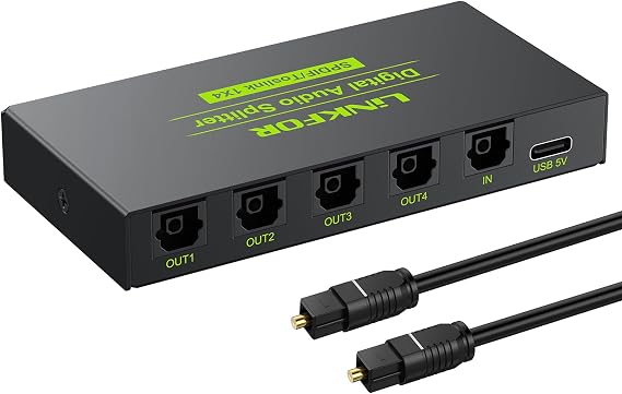 LiNKFOR Digital Optical Splitter 1x4 - SPDIF Toslink Fiber Audio Splitter 1 in 4 Out Aluminum Alloy with Optical Cable Supports Digital LPCM2.0/DTS/Dolby-AC3