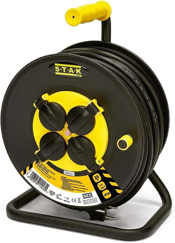 Professional electric cable winder, 4 sockets and Schuko socket, H07RN-F3G2.5MM2, 25M, GS (TUV)- IP44.