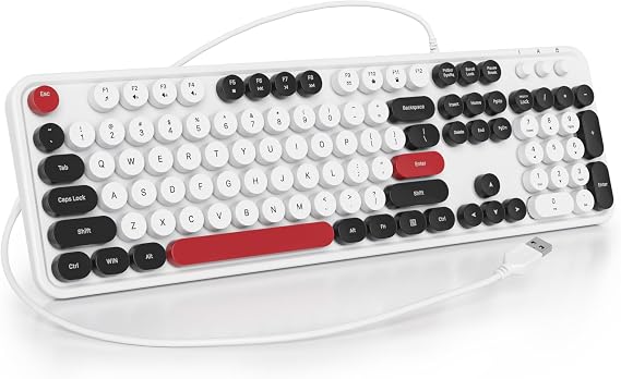 Wired Typewriter Keyboard Full Size USB Keyboard Retro Computer Keyboard with Round Key Cap for Windows Laptop White