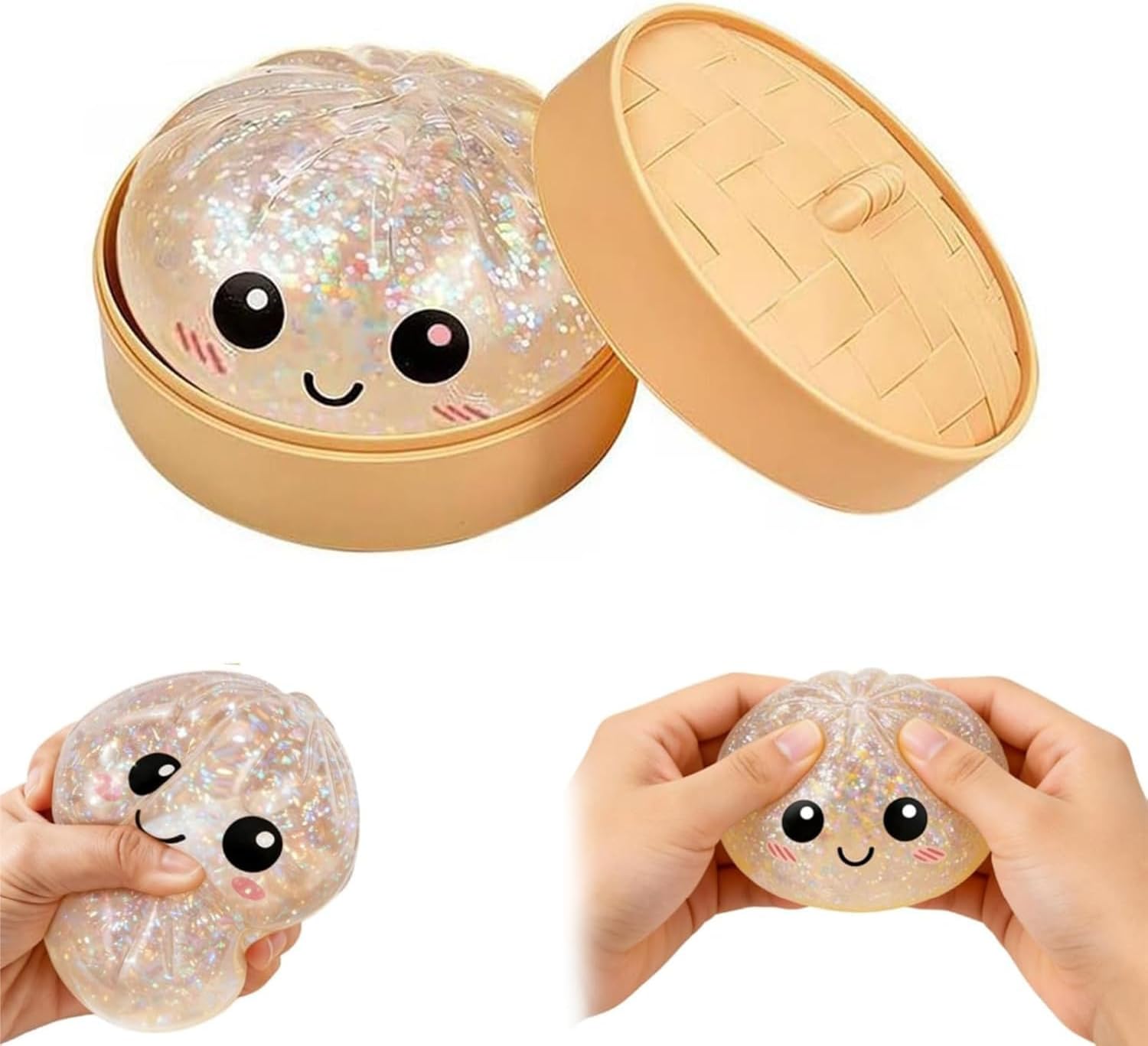 Dumpling Squishy Toy with Steamer Box, Glitter Steamed Bun Fidget Squishies, Soft Stress Relief Decompression Dough, Sensory Squeeze Toy for Anxiety & ADHD, Desk Decor Gift for Kids & Adults (A)