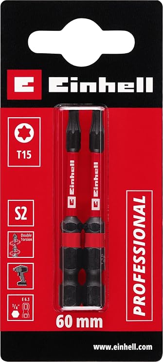 Orijinal Einhell Çift Torsiyonlu Darbeli Bit Seti, 2 Parça, 60 mm, T15 (S2 Çelik, Yüksek Dayanıklılık, Çift Torsiyon Etkisi, Kırmızı Renk Halkası, E 6.3 Sap) - 49132160