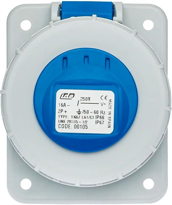 Industrial socket base, Industrial socket, 16A, Poles 2P+T, Voltage 250V, Degree of protection IP44, IP54, IP67, IP68, Impact resistance IK08, Suitable for flushing, Blue