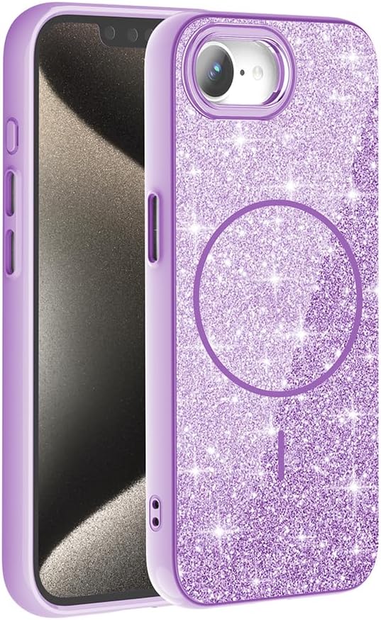 iPhone ile uyumlu 16E Kılıf Kablosuz Şarj Özellikli Parlayan Simli Okso Kapak Derin Mor