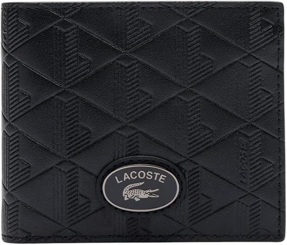 Lacoste Men's Black Monogram Medium Billfold Coin Wallet, One Size, Black, Leather, Bi-Fold, 2 Compartments, 3 Sections, Lightweight