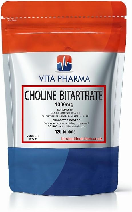 VITAPHARMA Choline Bitartrate 1000mg 240 Tablets Supports Liver Health, Brain Function, and Cellular Membrane Structure
