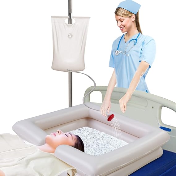 ZHUYNXIR Inflatable Bedside Shampoo Basin Kit, Hair Washing Sink with Water Bag, Drain Tube, Waterproof Shawl & Floor Mat, In Bed Hair Washing Tub for Elderly, Disabled, Bedridden Patients, Home Care.