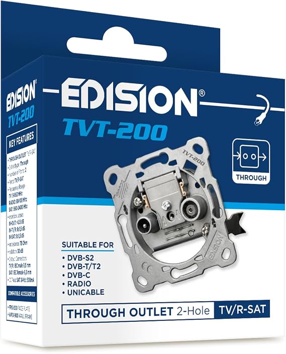 EDISION Universal Antenna Socket TVT-200, TV/R-Sat Pass-Through Socket Recessed 2 Connectors, Suitable for Sat DVB-S2, Unicable, Terrestrial DVB-T/T2, Cavo DVB-C, Radio, FM, Dab+, DC Step, 2 Outputs