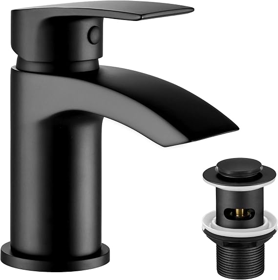 Funime Basin Taps Mixers Waterfall Black with Slotted Pop-up Waste Bathroom Sink Mixer Tap Mono 1 Hole Single Lever Modern with G1/2'' Hoses Round Cloakroom Taps Hot and Cold Water Mixer