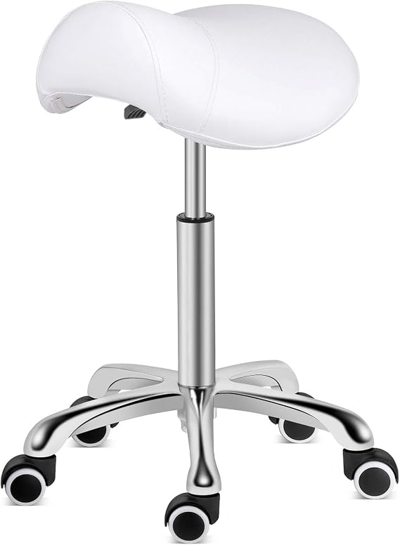 Kaleurrier Saddle Stool Rolling Swivel Height Adjustable with Wheels,Heavy Duty Anti-Fatigue Stools,Ergonomic Stool Chair for Lab Clinic Dentist Salon Office Home (Without Back Support, White)