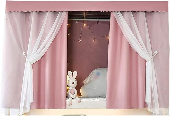 Dormitory Solid Color Privacy Bunk Bed Tent with Full Coverage, Blackout Curtains for Both Top and Bottom, Bunk Bed Curtains Dustproof Loft Bed Curtains(Curtain*1,1.2M_PINK+SHEER)