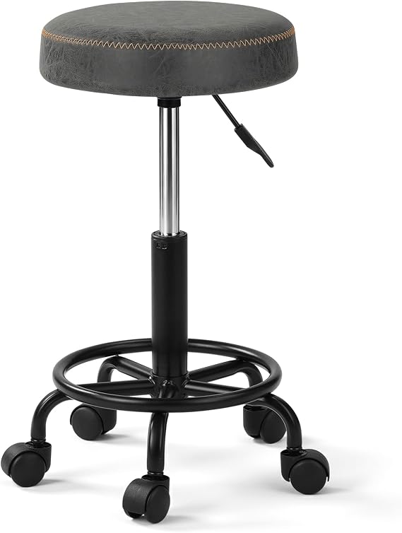 Height-Adjustable Rolling Stool with Backrest 360° Rotatable Grey