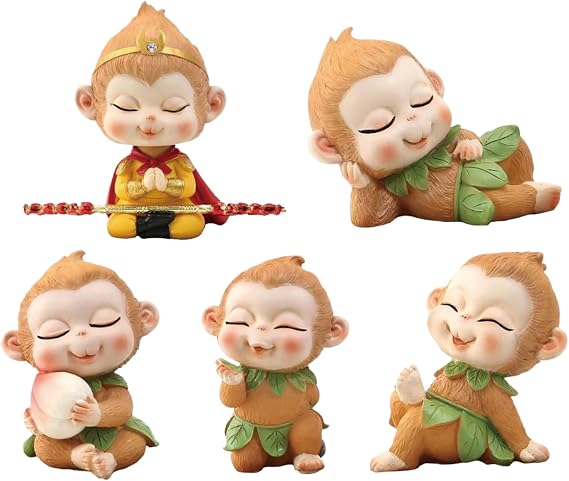 Monkey Statue - 5Pcs Sun Wukong Collectible Figurines, Mini Resin Monkey King Staff for Home & Car Decor