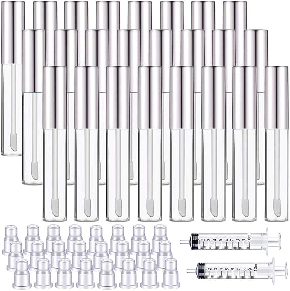 24pcs 10ml Transparent Lip Gloss Tubes with Brush Tip Refillable Lip Glaze Container and 2pcs 10ml Plastic Syringe for DIY Makeup (Silver)