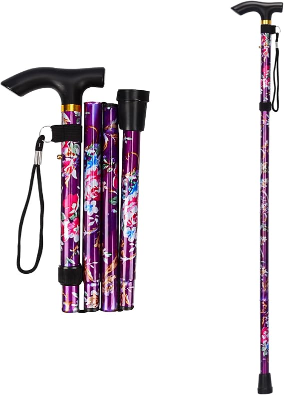 supregear Folding Stick 5 Levels Height-Adjustable Walking Stick Lightweight Portable Walking Stick Travel Stick with Hand Strap and T-Handle for Elderly Disabled Men Women