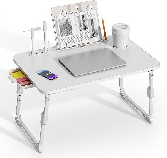 BTGGG Laptop Bed Table Height Adjustable, Upgraded Bed Desk with USB Charge Port & Side Drawer, Portable Lap Desk for Sofa with Tablet Slot & Cup Holder, Laptop Stand for Working Reading (White)